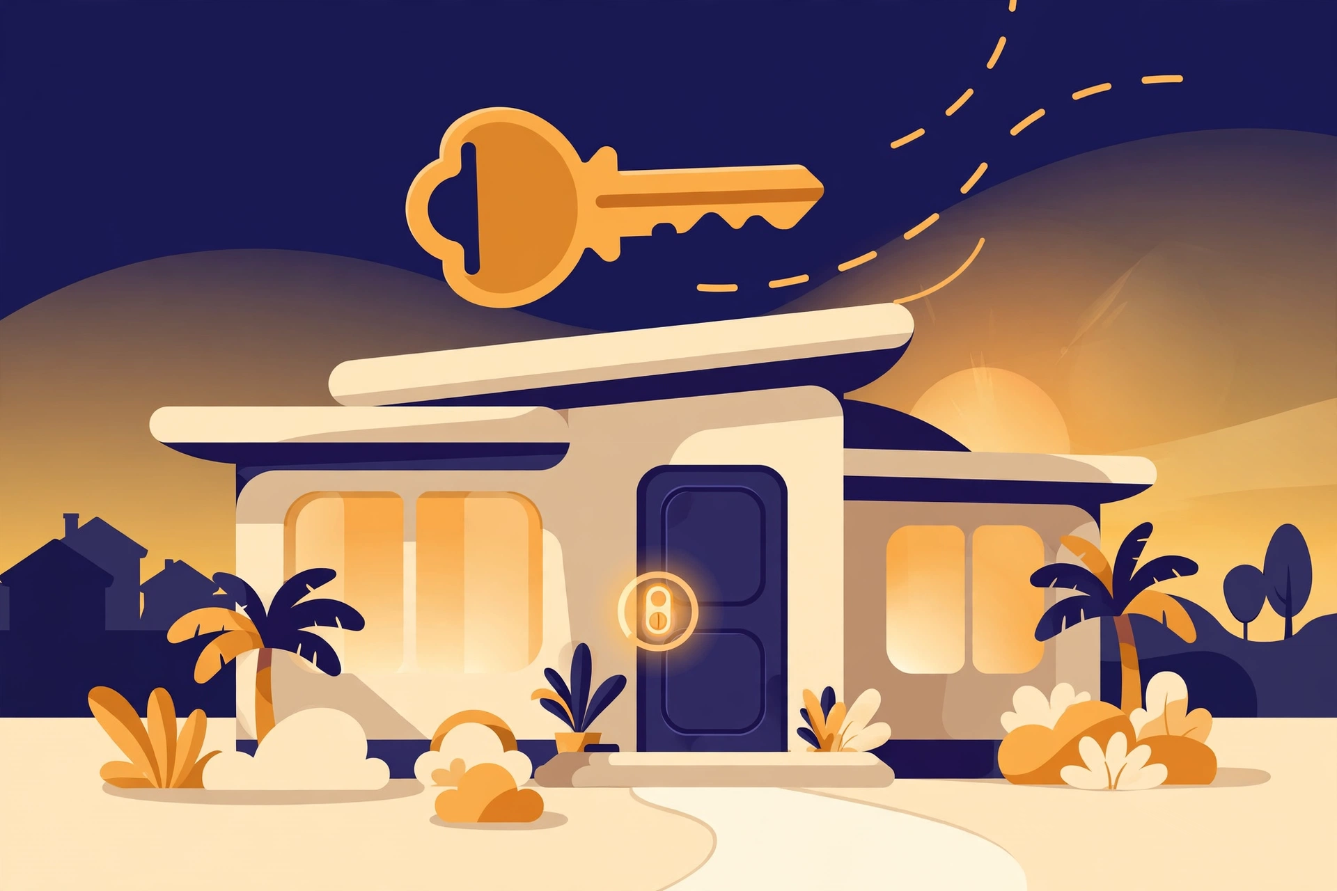 Friendly illustration of a Fort Lauderdale home with a smart door lock and a key being handed over